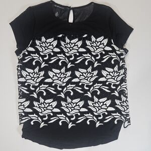 INC Blouse Womens Large Petite Black White Floral Embroidery Overlay Classic Top